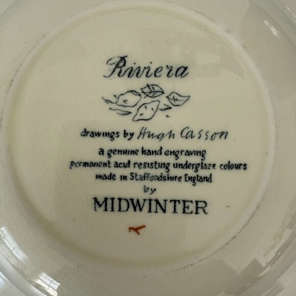 Midwinter Riviera Hugh Casson Designed Ceramic Bowl 9" Wide Hand Engraved Englan - Picture 4 of 4
